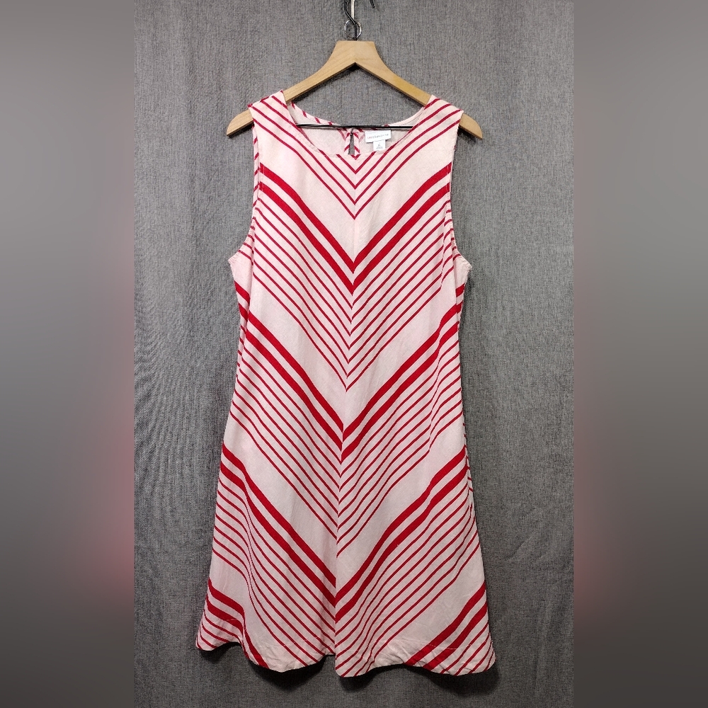 Liz Claiborn Stripped Linen Blend Shift Dress Women's XL White Red Cottagecore